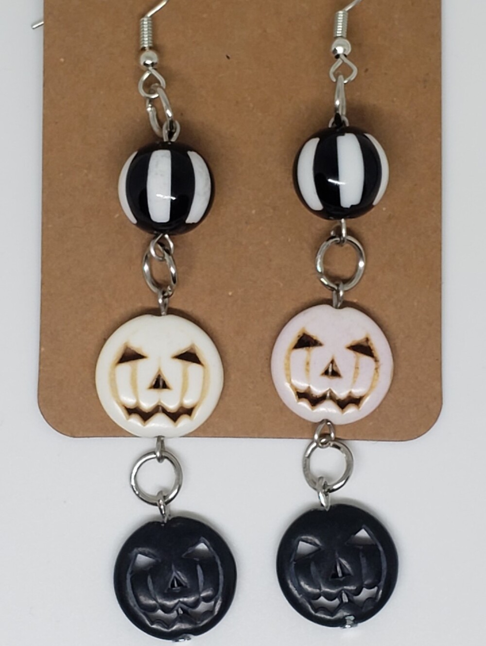 Handmade Black White Beaded Halloween Pumpkin Dangle Earrings